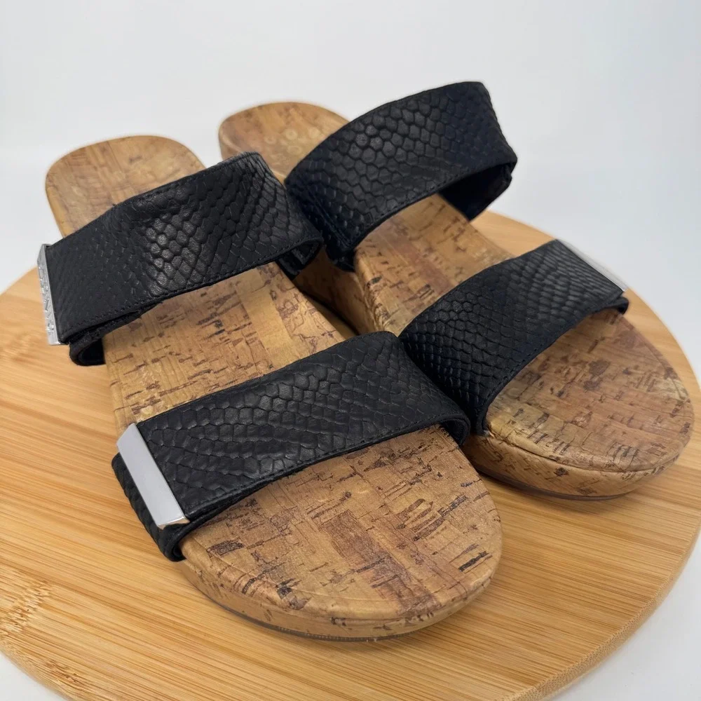 Vionic Pepper Black Snakeskin Leather Cork Wedge Slide Sandals TVW5251 Womens 10